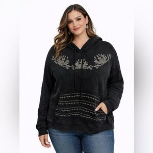 Young Threads Mineral Washed Embroidered Black Hoodie Sweater. NWT